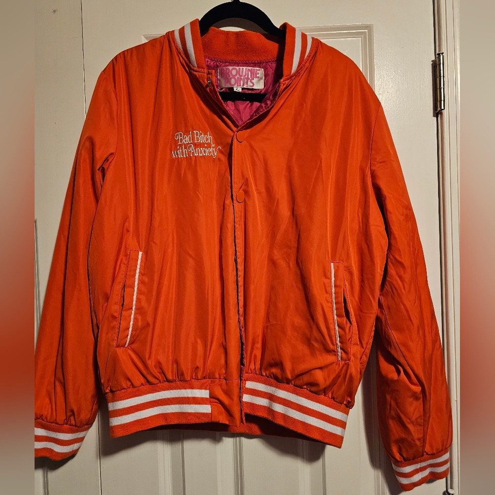 Brownie Points Orange Bad B*tch with Anxiety Varsity Bomber Jacket